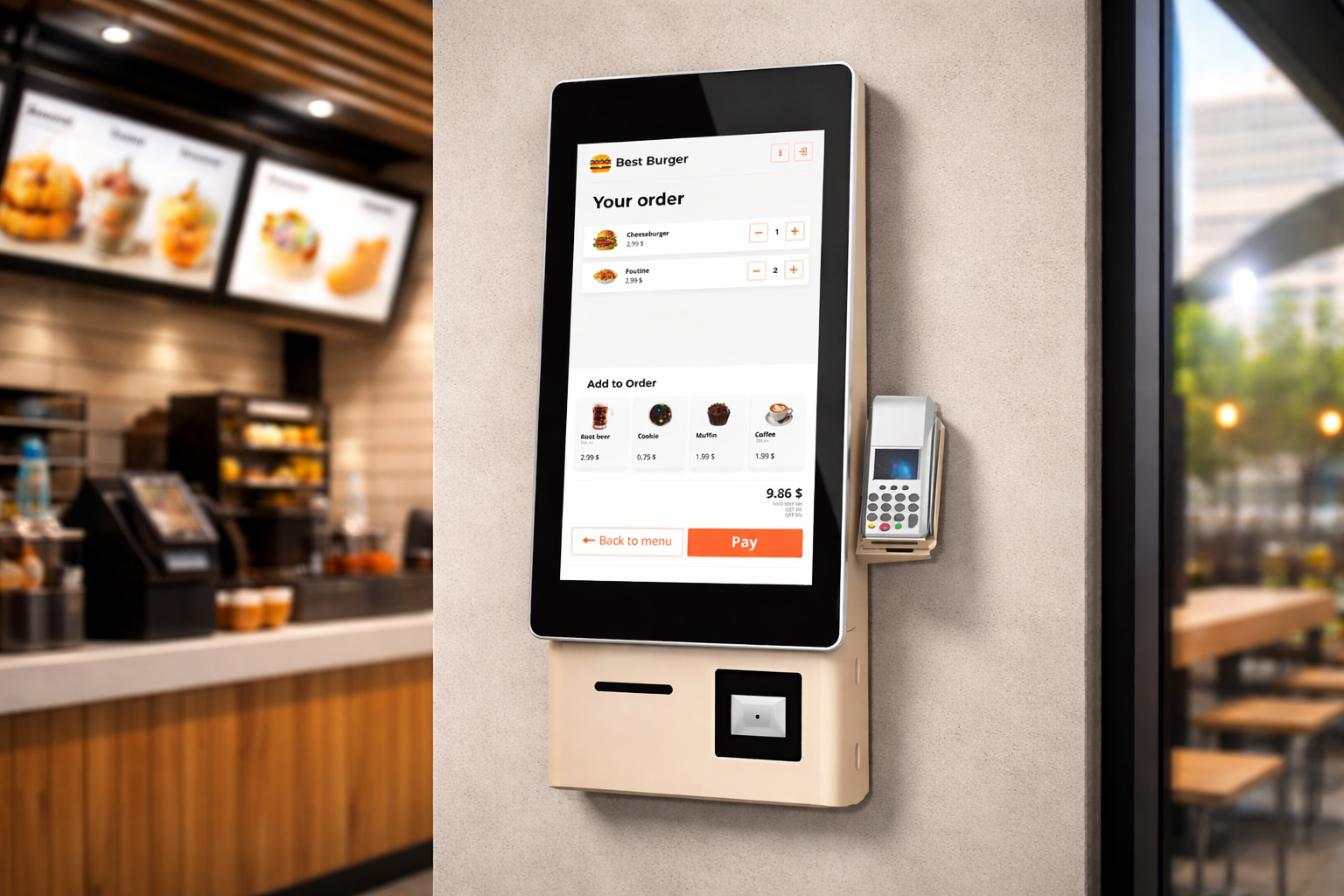 Wall-mounted self-service kiosk in a restaurant