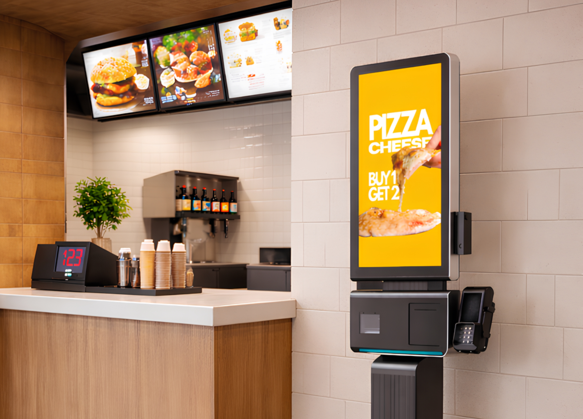 Self-service kiosk with a promotional screen